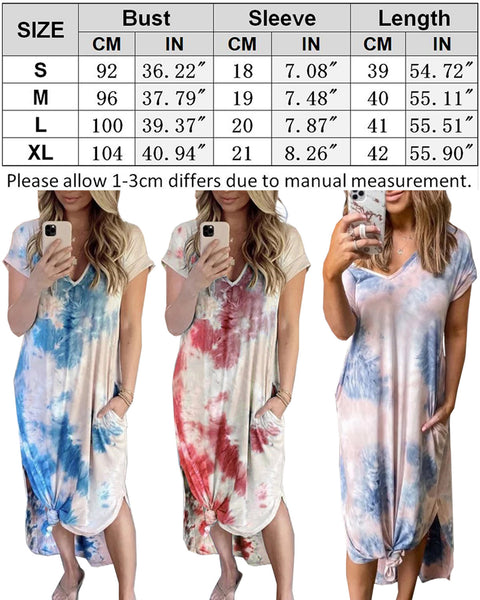 Women's Tie Dye Side Split Maxi Dresses with Pockets