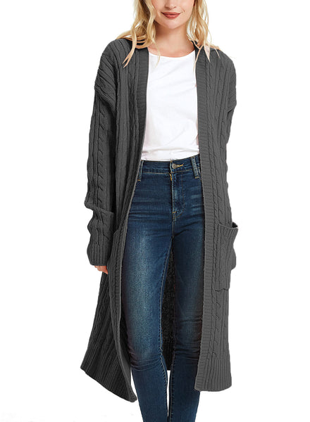 Women's Casual Twist Knitted Open Front Pocket Long Cardigan