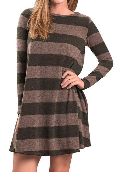 Women's Long Sleeve Loose Wide Striped Casual T-Shirt Dress