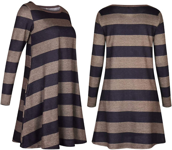 Women's Long Sleeve Loose Wide Striped Casual T-Shirt Dress